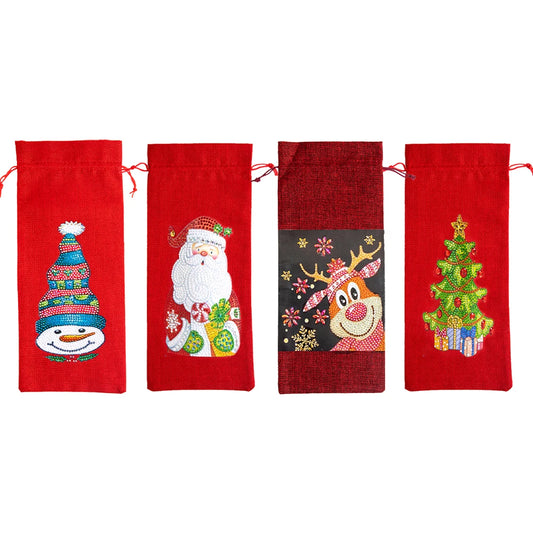 Christmas Diamond Art Wine Gift Bag Drawstring Bottle Cover