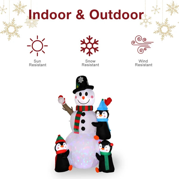 6ft Inflatable Snowman With 3 Penguins And 4 Light Strings