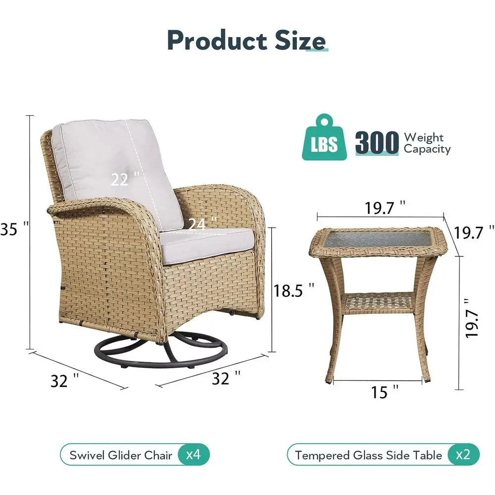 Four-Piece Patio Swivel Glider Rocker Set With Side Tables Beige Cushions