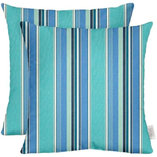 Set of 2 Dolce Oasis Blue Teal Navy White Stripe Indoor Outdoor Square Throw Pillows 24 x 24