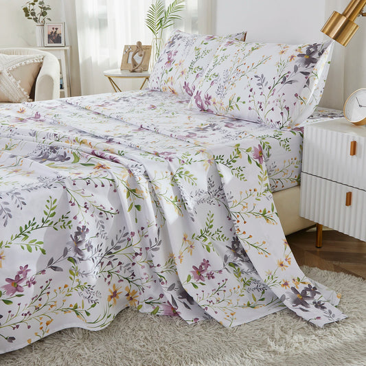 4 Piece 600 TC 100 Percent Egyptian Cotton Fitted Sheet Set Fresh Pink Botanical Pattern Soft and Skin Friendly