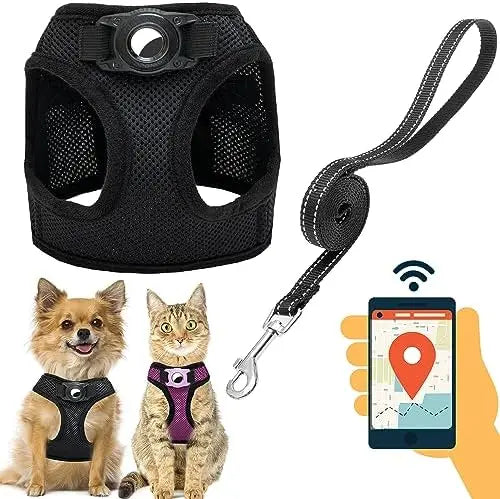 Small Dog Harness AirTag Set With Reflective Leash For Safe And Easy Walking