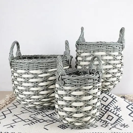 3 Pack Hand Woven Wicker Baskets With Handles Gray Beige