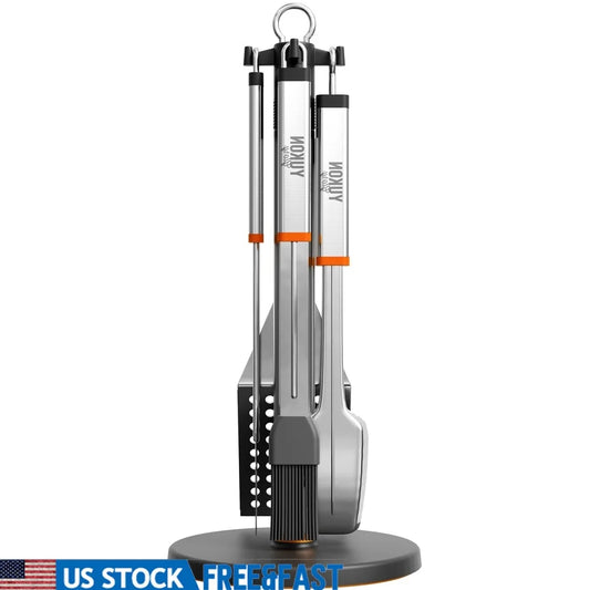 Stainless Steel BBQ Tool Set with Rotating Stand Drip Tray Spatula Tongs Fork Brush Portable Grill Kit