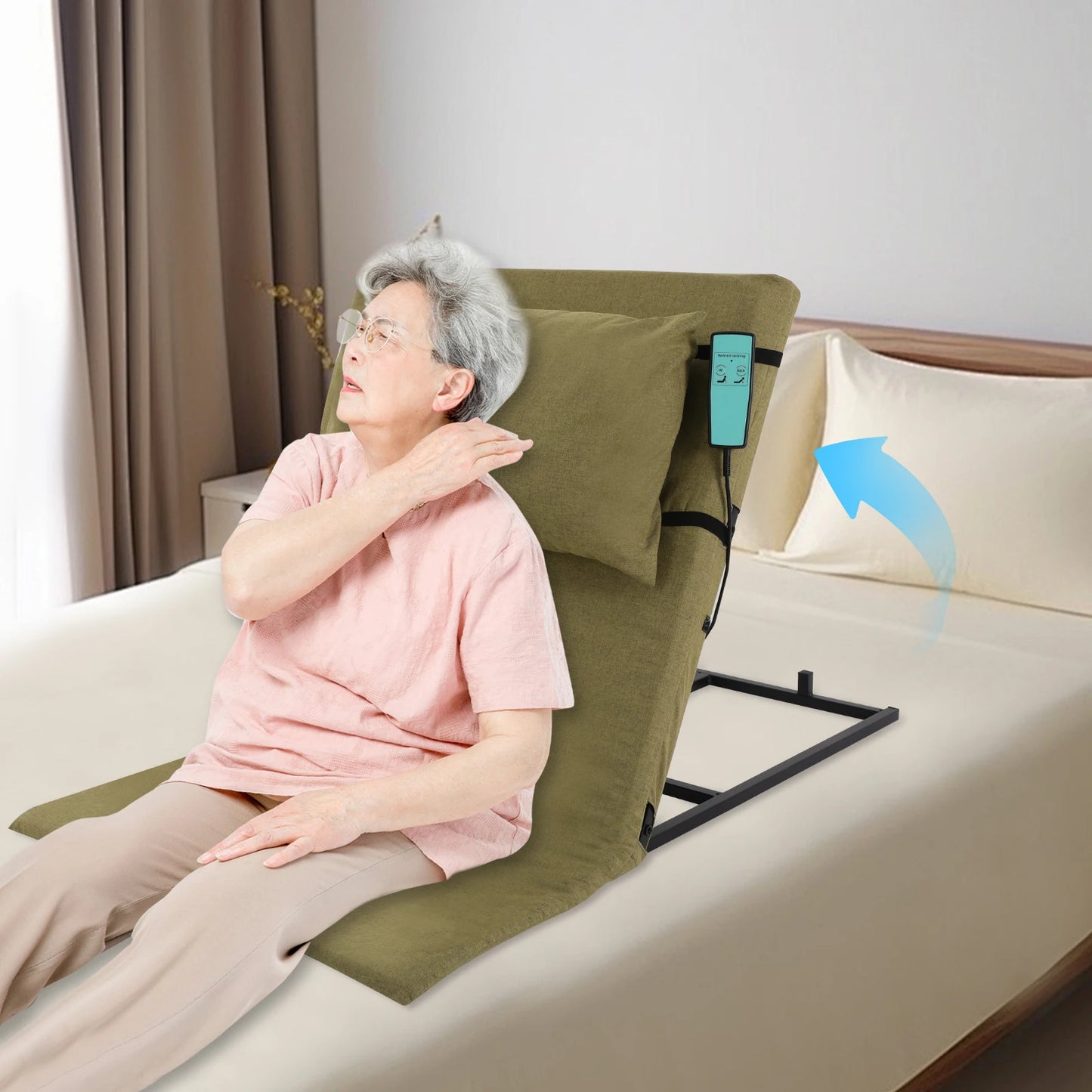 2-80 Degree Electric Lifting Backrest with Short Cushion and Headrest Grey Green Wired Remote Control Bed Backrest for Reading