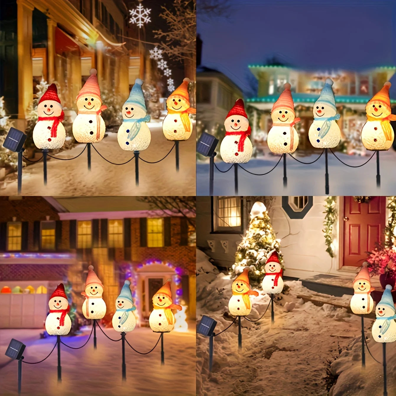 Solar Powered Snowman Lights 4-Piece Set With 1 Solar Panel Christmas Lawn LED