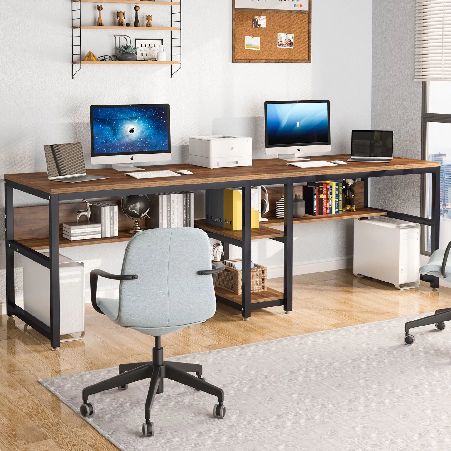 Tribesigns Two Person Desk With Bookshelf 78.7 Inch Rustic Double Computer Desk