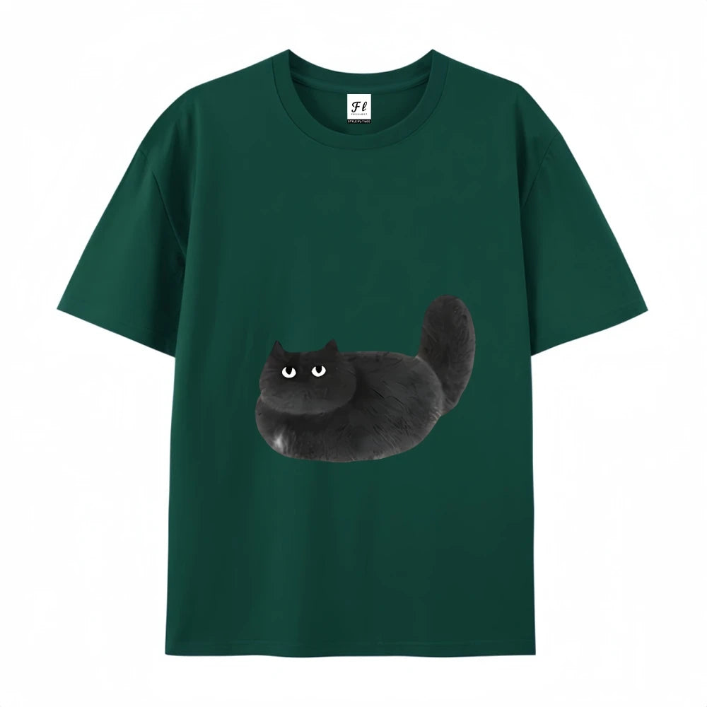 Womens Casual Black Cat Cartoon Print Short Sleeve TShirt Durable Machine Washable