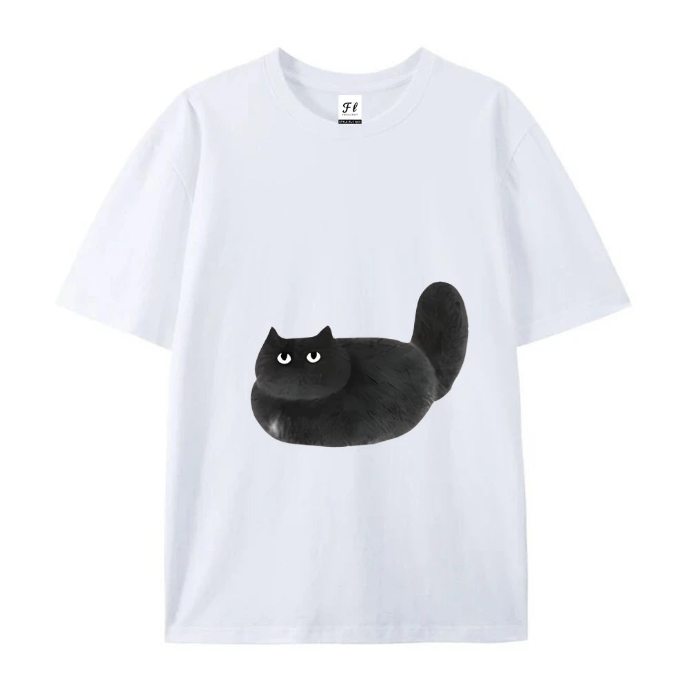 Womens Casual Black Cat Cartoon Print Short Sleeve TShirt Durable Machine Washable
