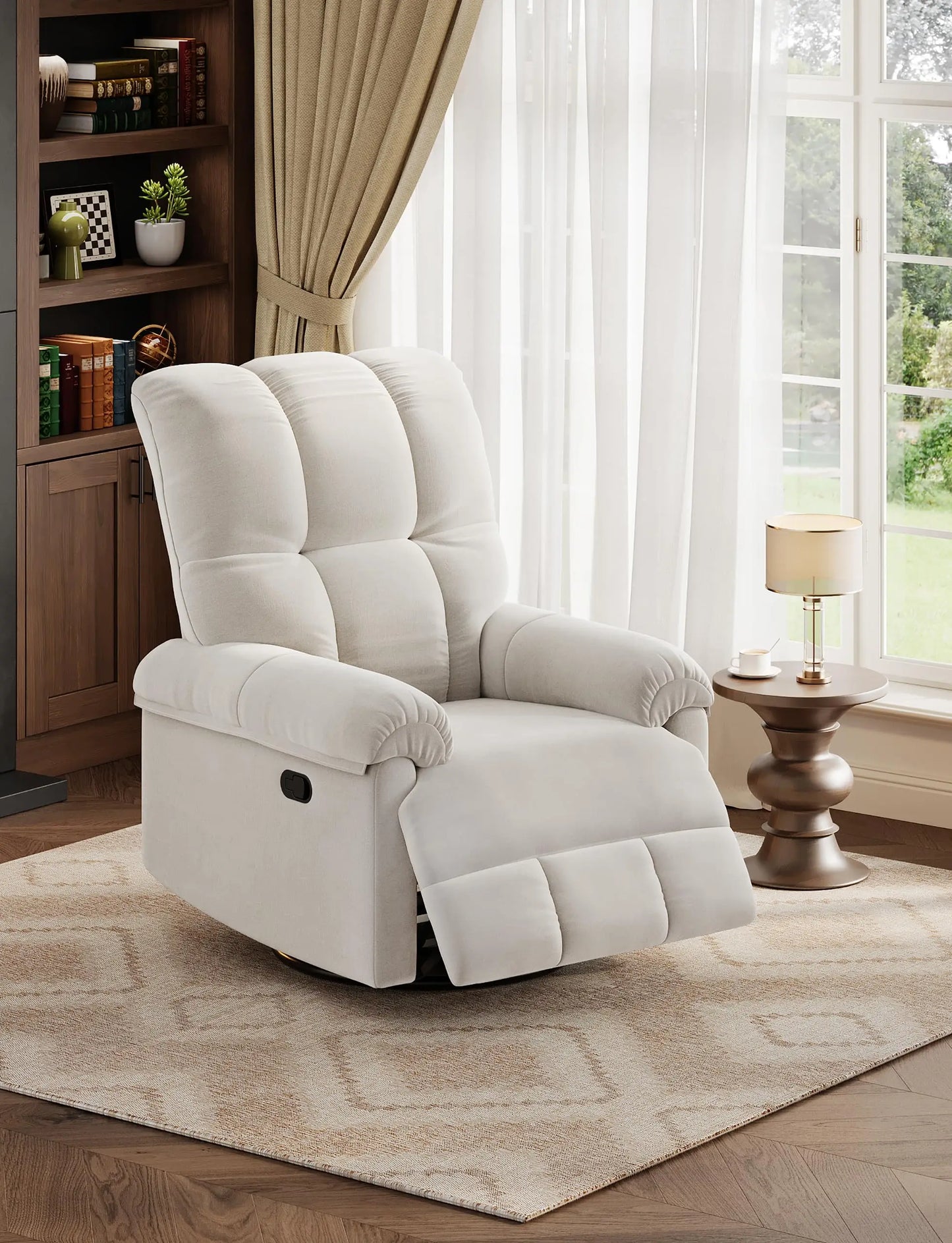 Oversized Overstuffed Chenille Recliner With Swivel Rocker And Padded Armrests