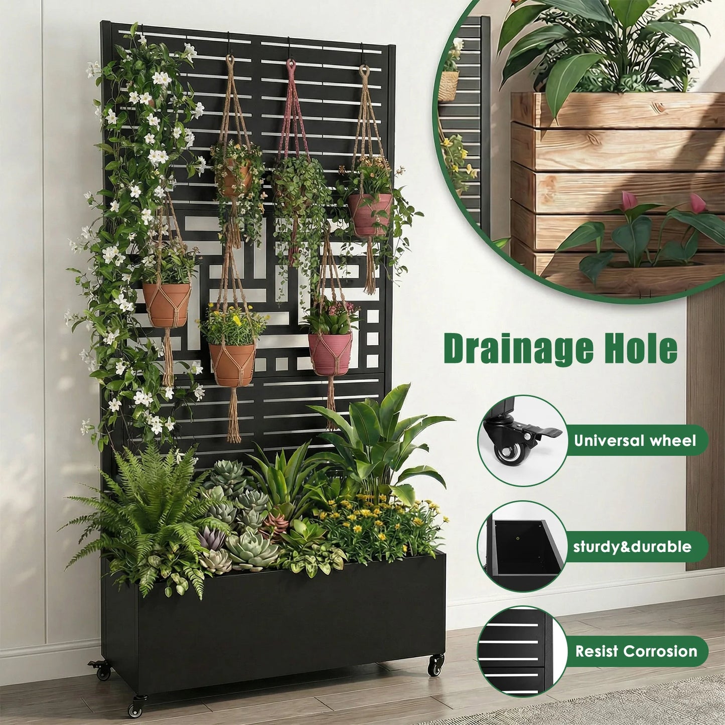 Metal Planter Box With Trellis And Wheels For Climbing Vines Outdoor Garden
