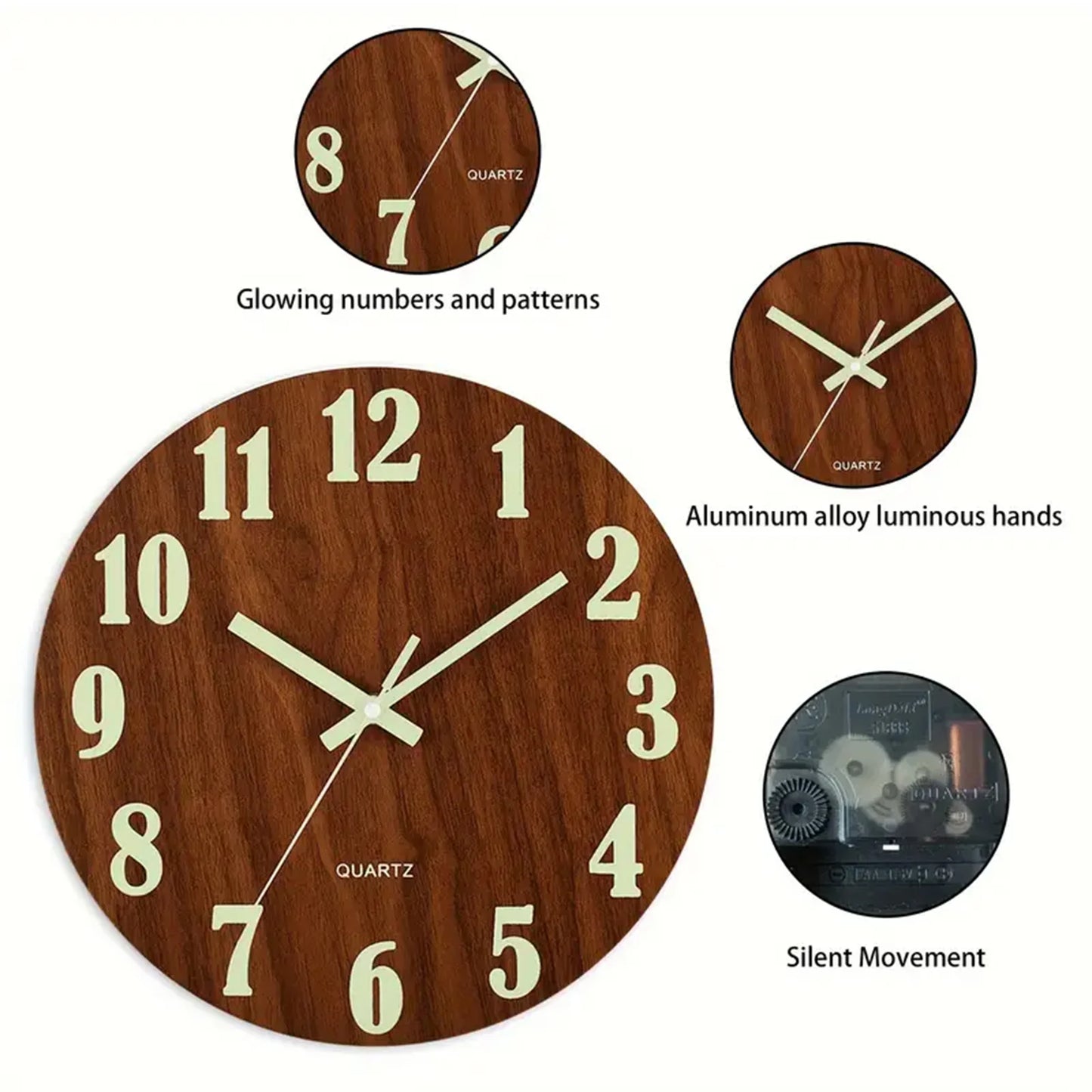 12 Inch Wooden Luminous Wall Clock Silent Non Ticking Analog Clock for Living Room Bedroom Office Decor