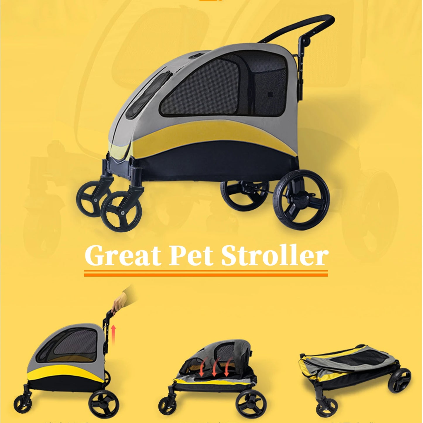Portable Dog Stroller with Four Wheels for Large Dogs Foldable Cat Travel Carriage Breathable Carrier for Outdoor Play