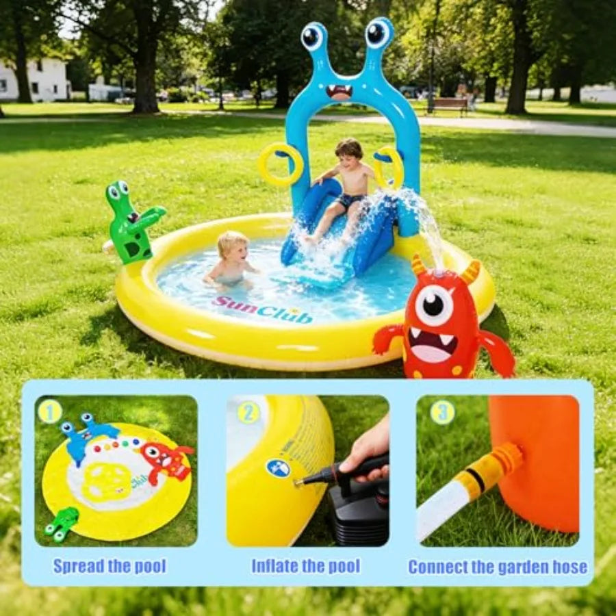 Inflatable Splash Pad Monster Spray Pool Set With Slide Sprinkler Toss Rings