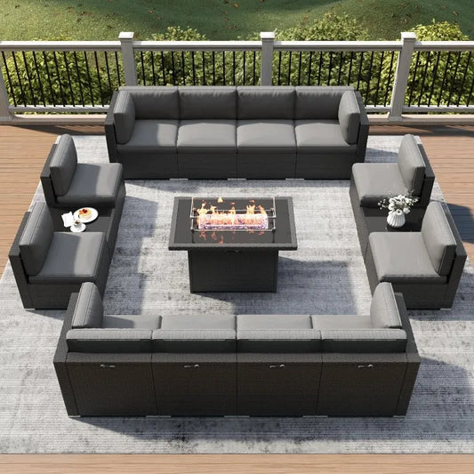15 Piece Patio Set With Fire Pit Table Outdoor Rattan Sofa
