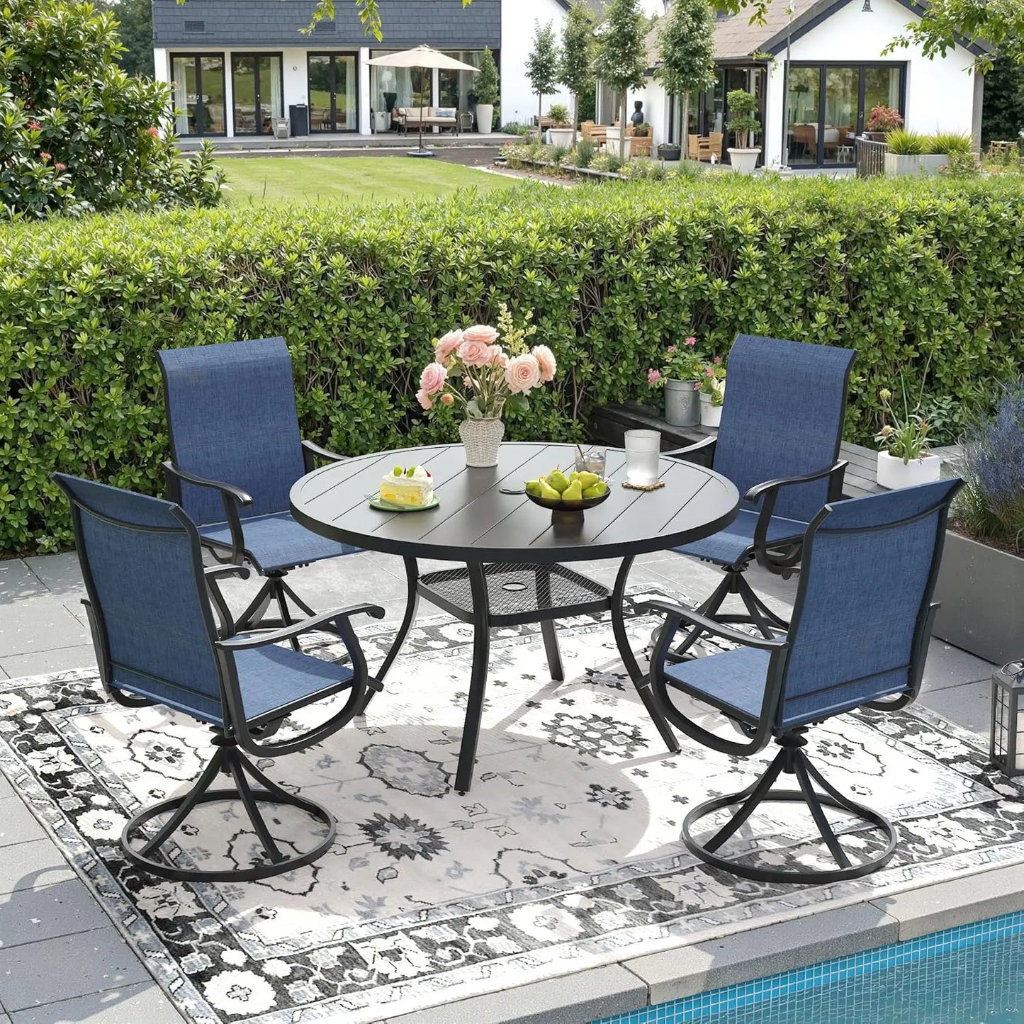 5 Piece Outdoor Dining Set With 4 Textilene Swivel Chairs And 40.6 Black Table