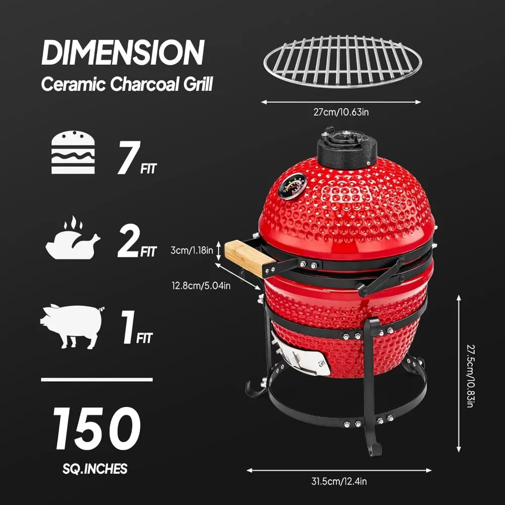 13 Inch Red Spherical Ceramic Charcoal Grill with Inner Liner Portable BBQ Smoker for Outdoor Cooking Camping and Backyard Grill