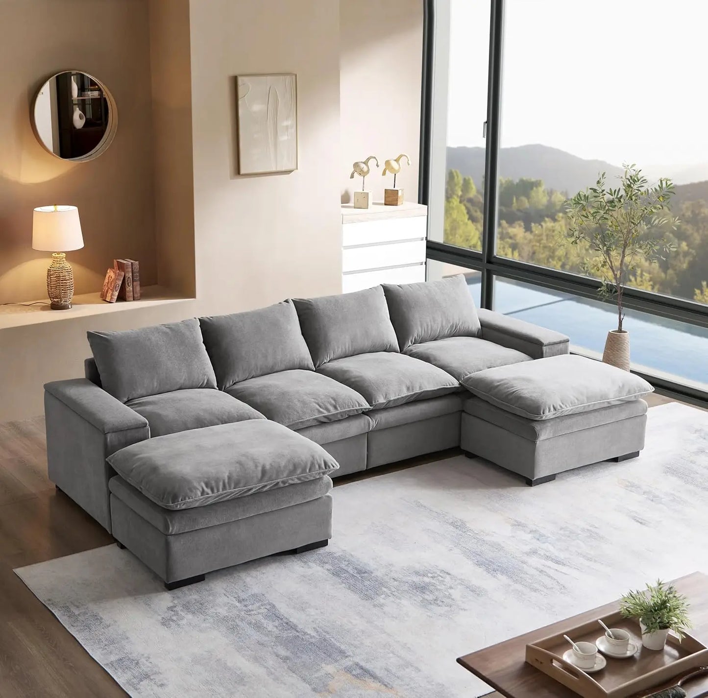 122 Inch U Shaped Modular Sectional Sofa With Movable Ottoman And Covers