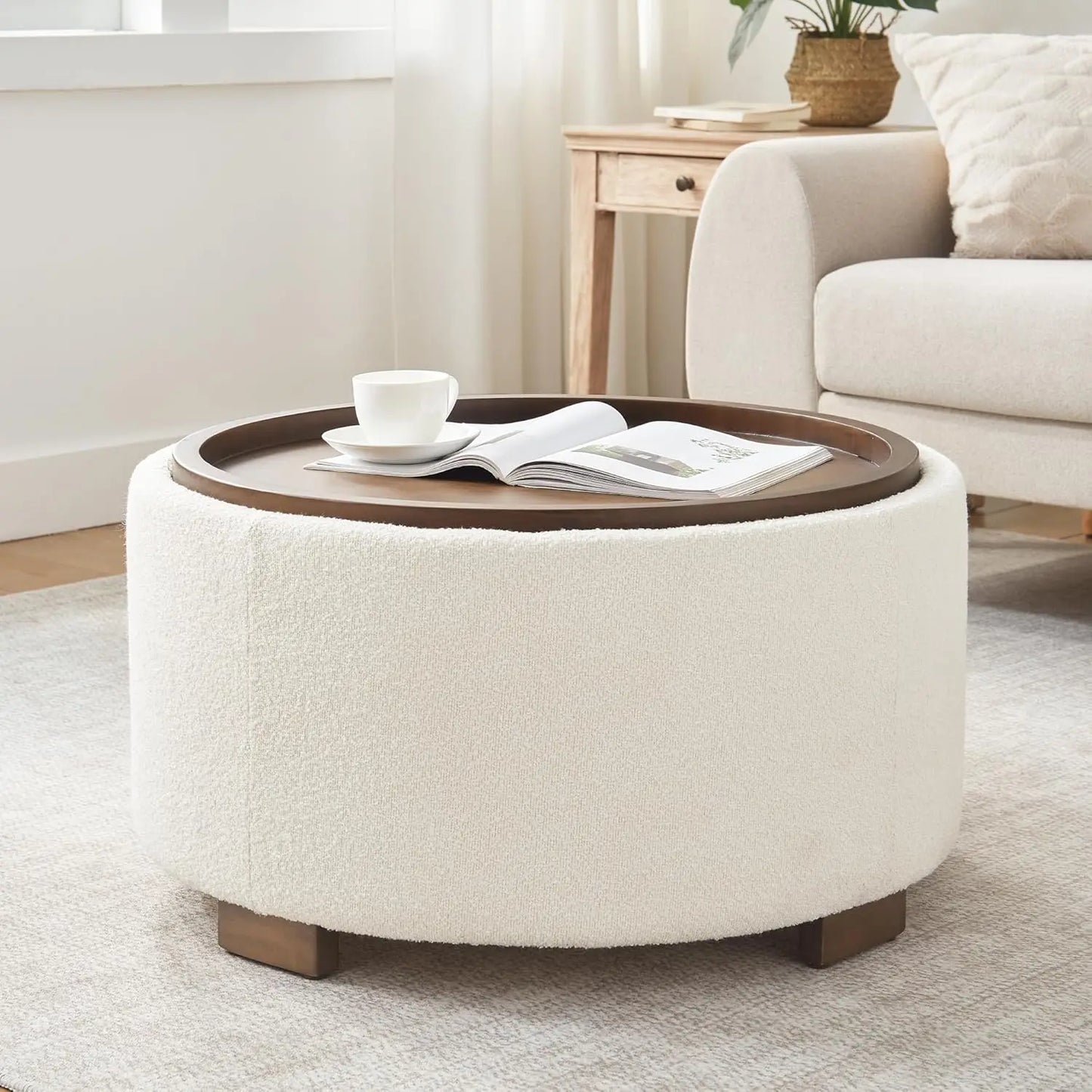 30 Inch Round Storage Ottoman Coffee Table Beige Lift Lid