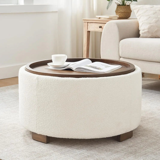 30 Inch Round Storage Ottoman Coffee Table Beige Lift Lid