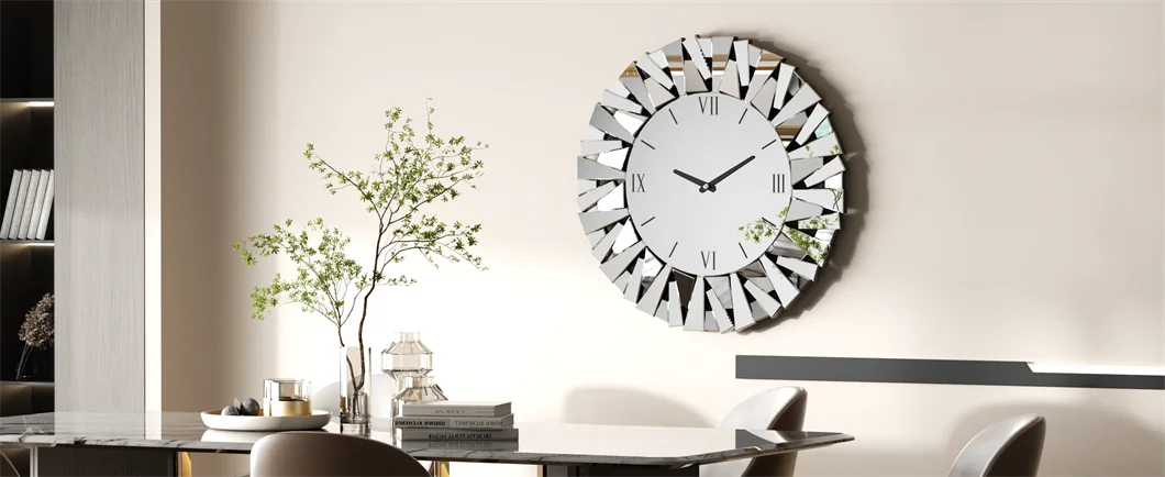 Large Wall Clock 3D Mirrored Sunburst Edge 32 Inch Round Roman Numeral Modern Living Room Dining Room Decor