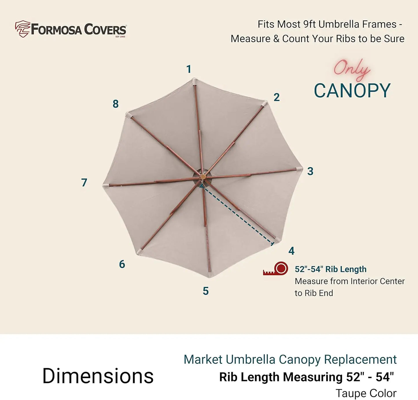 9ft Market Umbrella Replacement Canopy Taupe 8 Ribs 300D UV Protective Fabric
