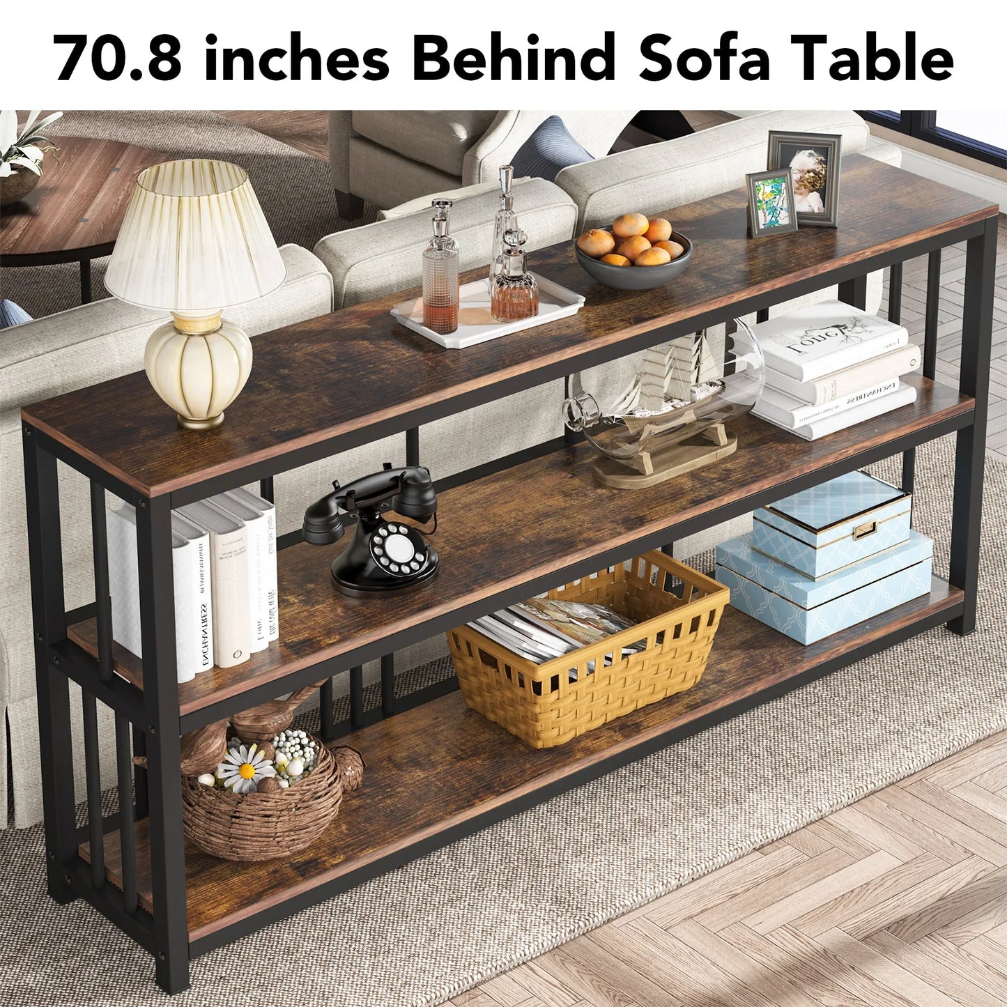 Tribesigns Long Console Sofa Table 70.89 Inch 3 Tier Rustic