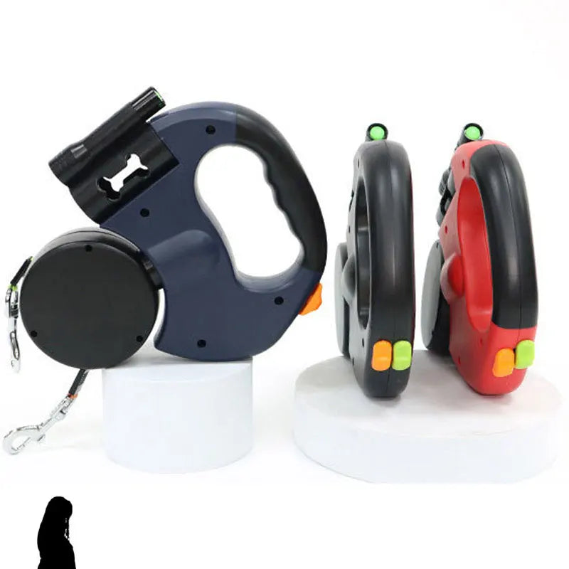 3In1 Double Head Retractable Dog Leash With Flashlight Poop Bag Dispenser