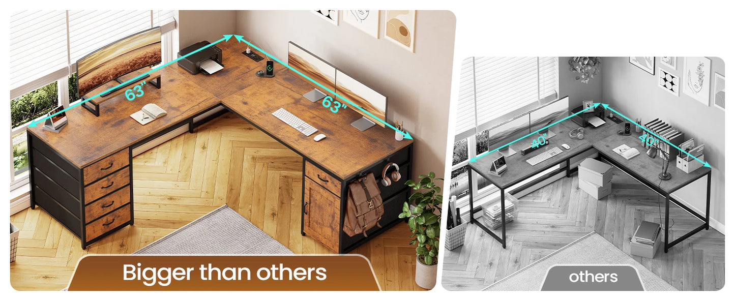 63 Inch L Shaped Corner Desk With 5 Drawers And Power Outlet For Home Office