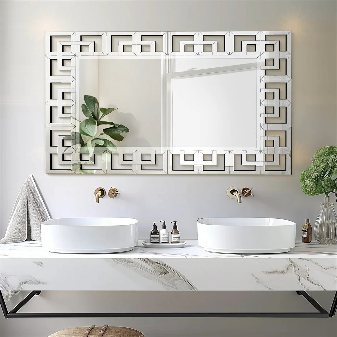 LUVODI 48 Inch Silver Wall Decorative Mirror Polished Hollow Out Accent Mirror for Hallway Living Room and Fireplace