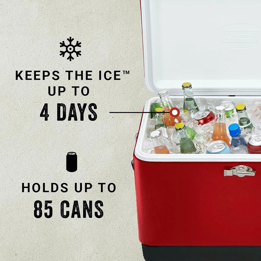 Vintage 54 Quart Steel Belted Cooler With 85 Can Capacity Keeps Ice For 4 Days