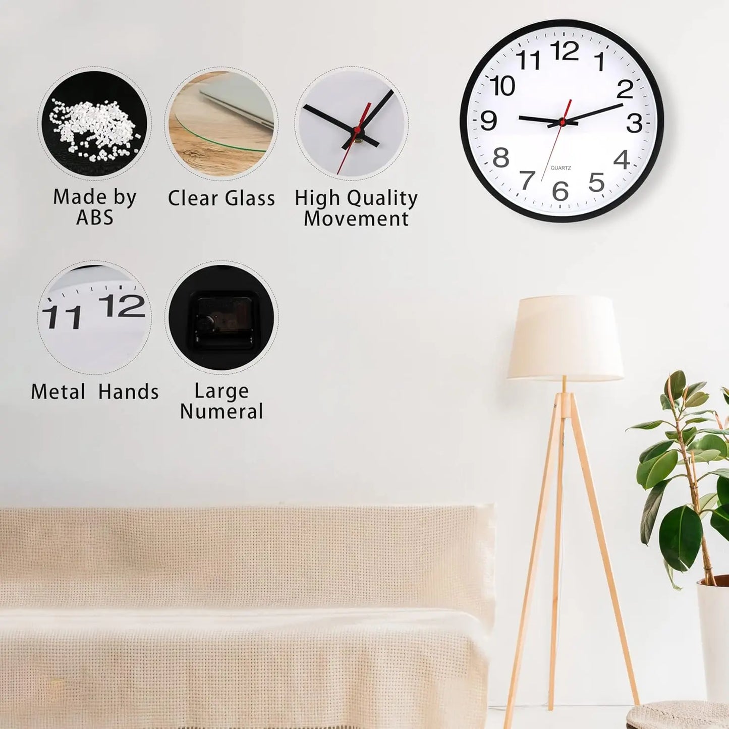 12 Inch Silent Wall Clock Battery Operated Non Ticking Black White Living Room