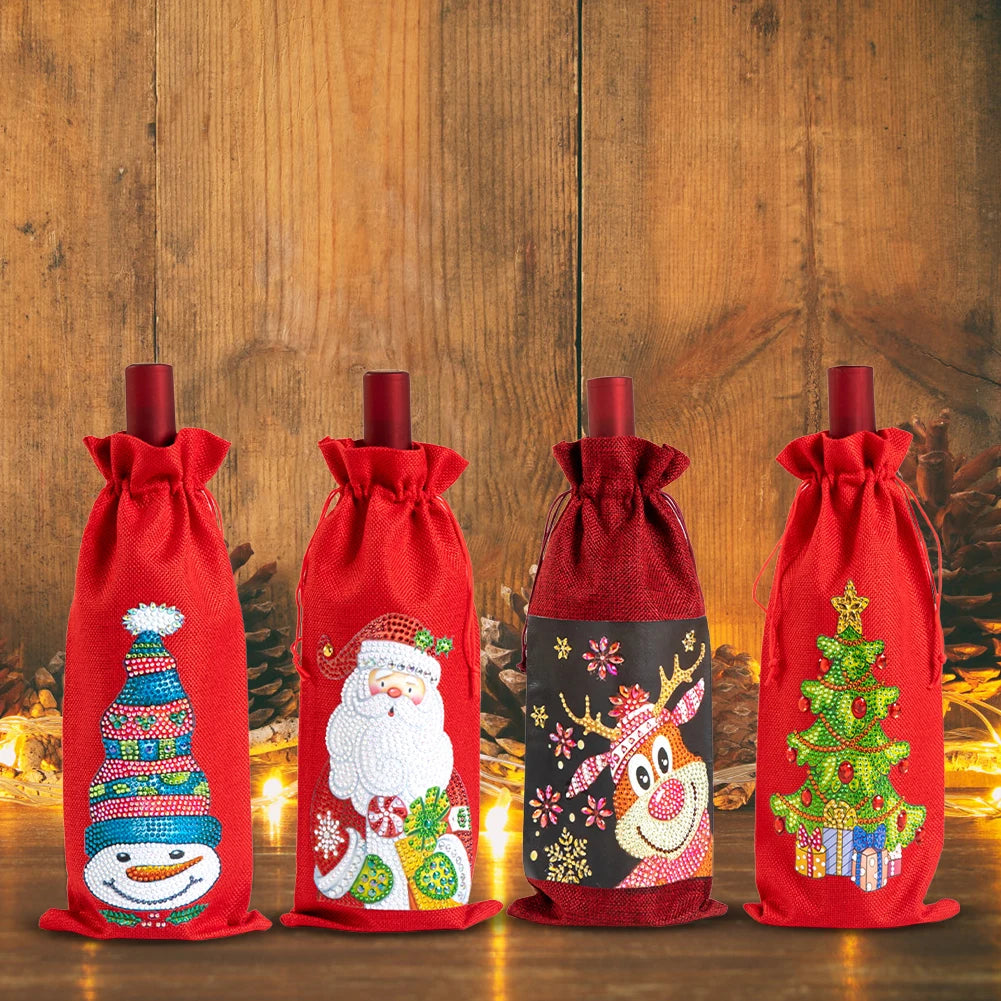Christmas Diamond Art Wine Gift Bag Drawstring Bottle Cover
