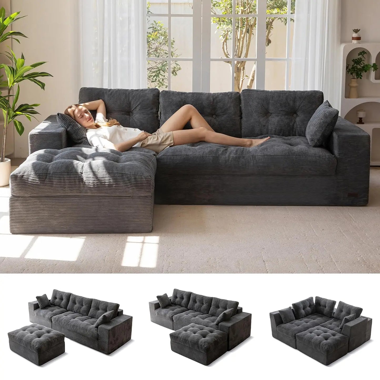104 Inch L Shaped Modular Sectional Sofa With Ottoman Layered Cushions