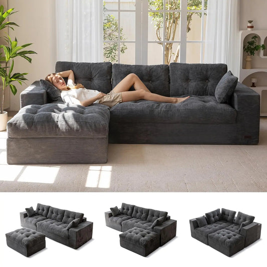 104 Inch L Shaped Modular Sectional Sofa With Ottoman Layered Cushions