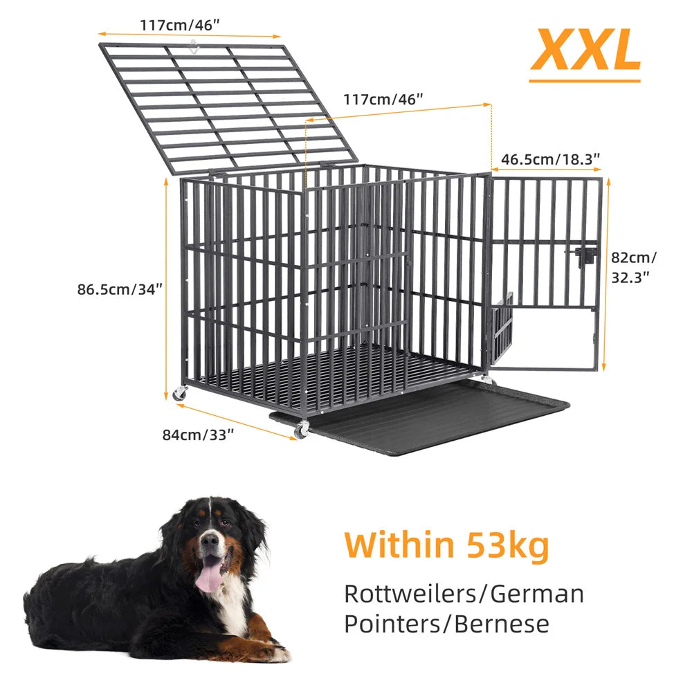 XXL Heavy Duty Dog Crate With Lockable Wheels And Tray Square Tube Metal Kennel