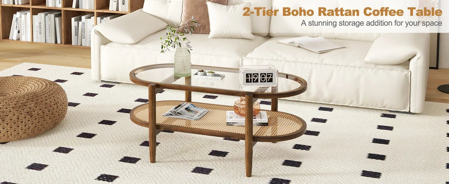 Rattan Coffee Table 2 Tier Acacia Wood With Glass Top Shelf