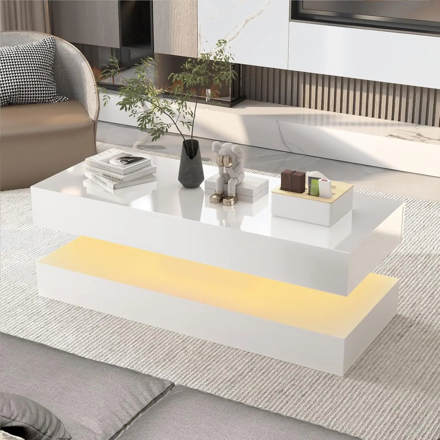 Modern Coffee Table With LED Lights And Storage Drawers
