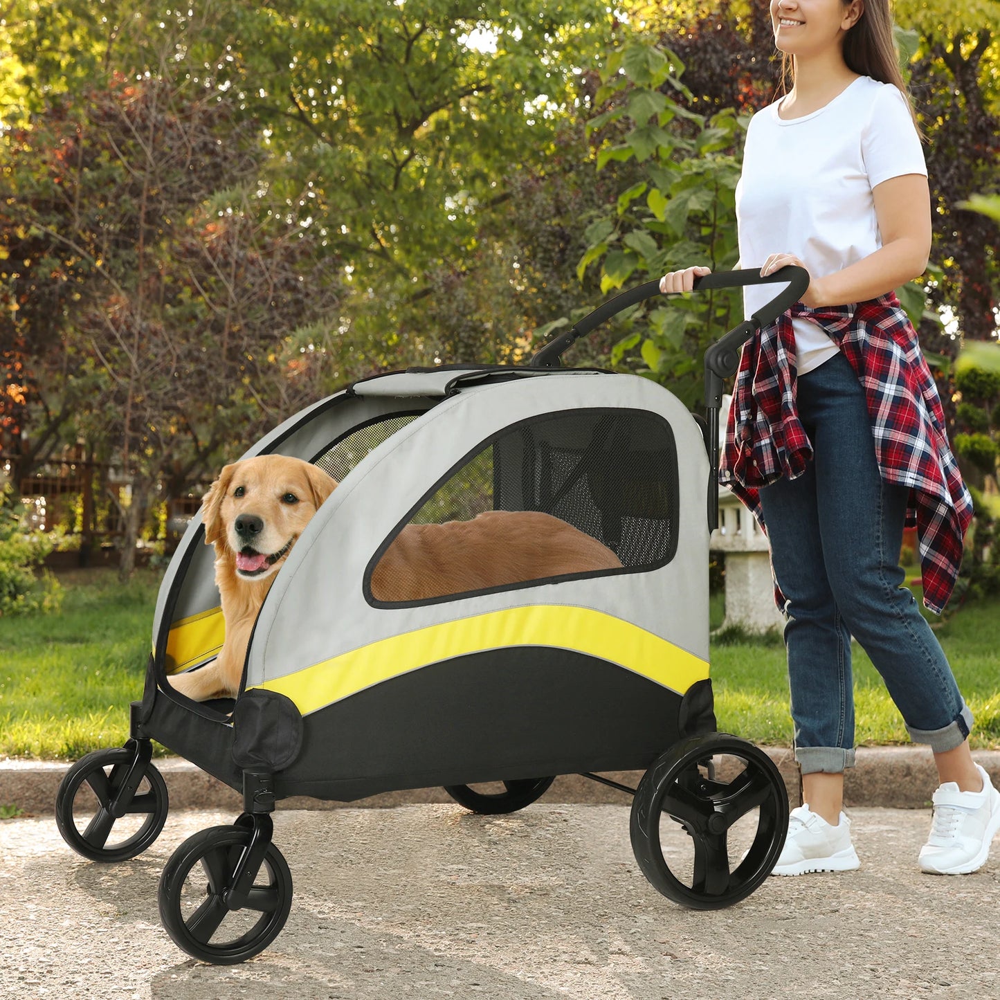 Portable Dog Stroller Four Wheels Foldable Breathable Carrier For Large Dogs