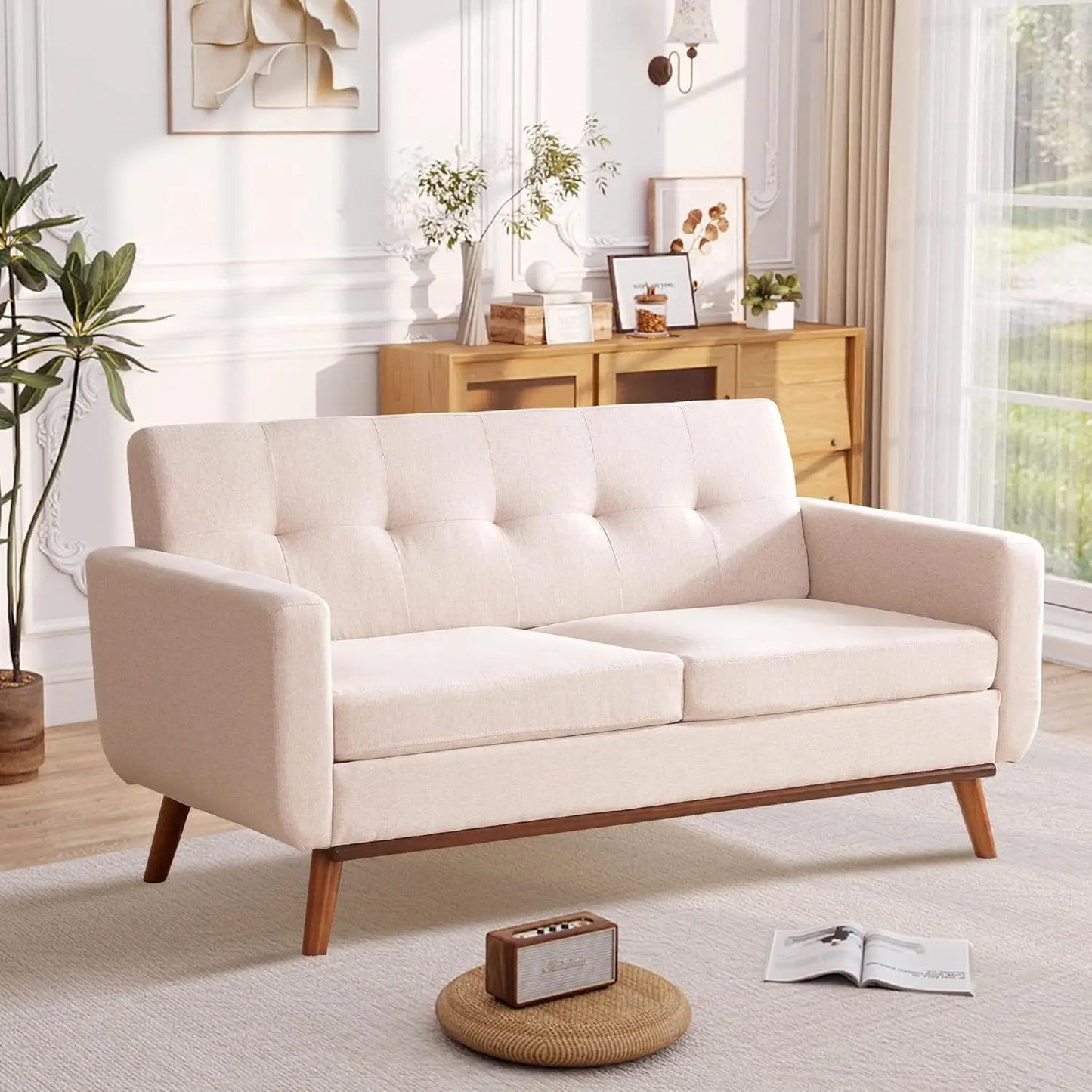65.2 Inch Wide Loveseat Sofa Mid Century Modern Button Tufted