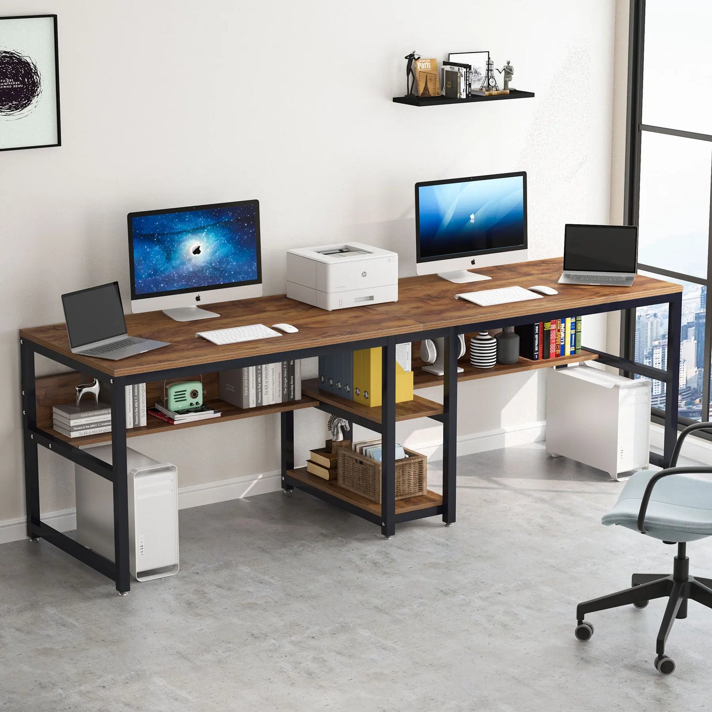 Tribesigns Two Person Desk With Bookshelf 78.7 Inch Rustic Double Computer Desk