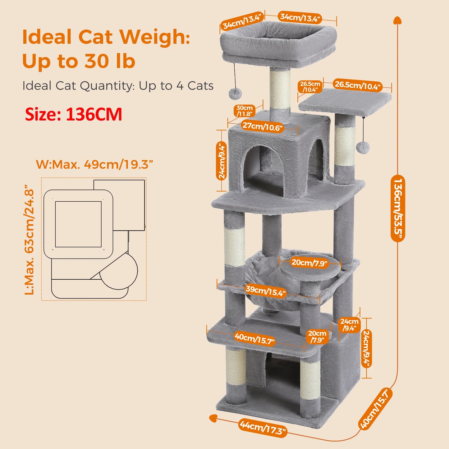 Large Cat Tree Tower Indoor Cats With Sisal Posts Hammock