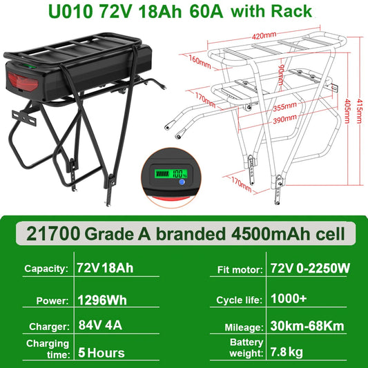 Rear Rack EBike Battery 52V 48V 27Ah 24 28 Inch Optional