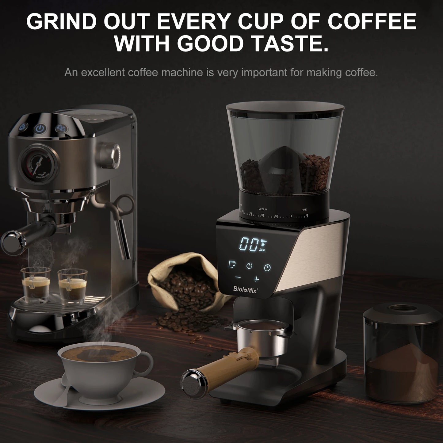 BioloMix 20 Bar Semi Automatic Powder Coffee Machine with Milk Steam Frother for Espresso Cappuccino Latte and Mocha
