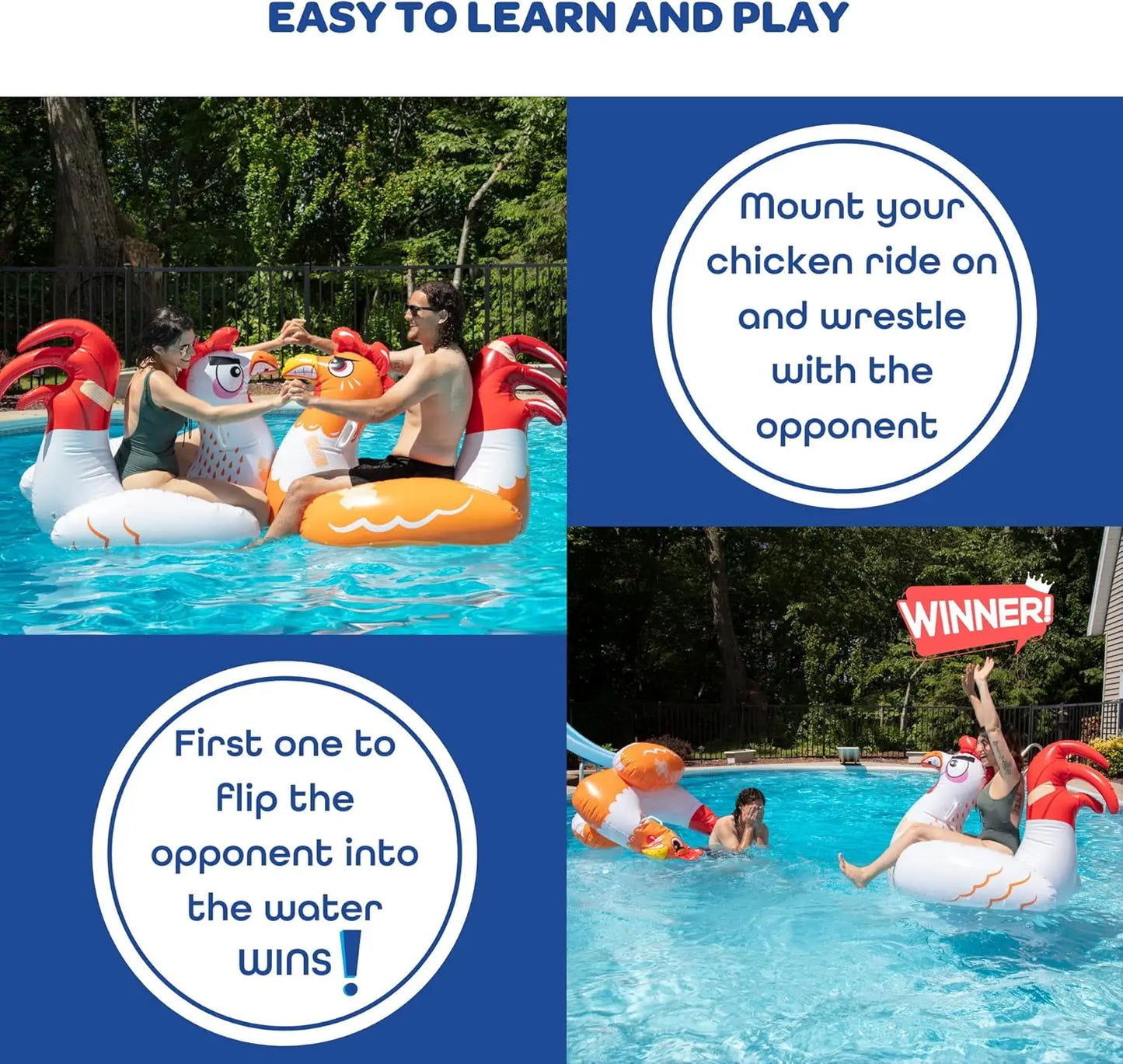 Inflatable Chicken Fight Pool Game Two Giant Ride Ons for Outdoor Summer Fun