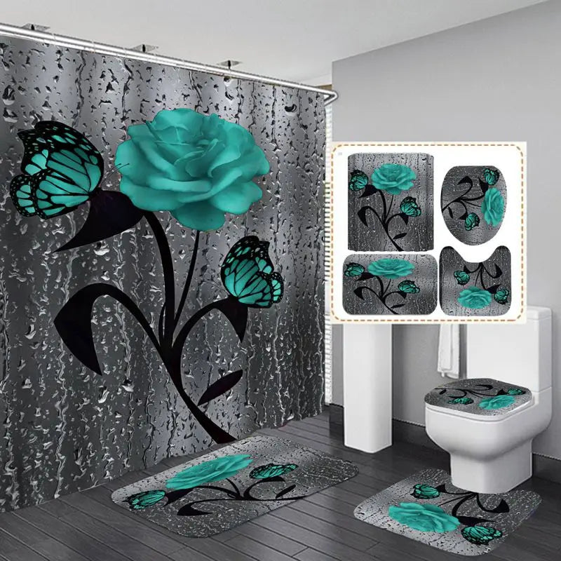 Four Piece Floral Polyester Bathroom Accessory Set Non Slip