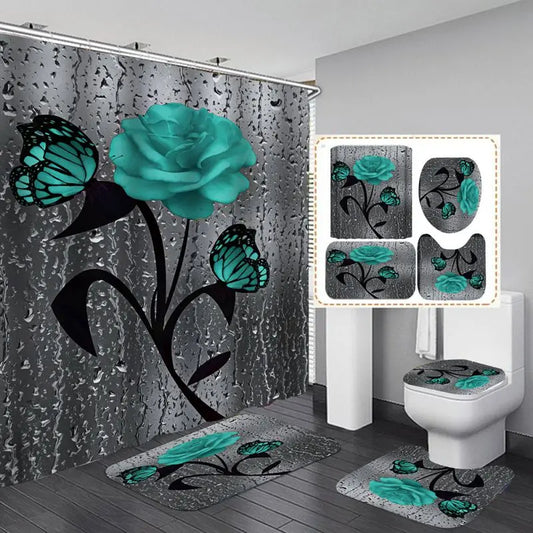 Four Piece Floral Polyester Bathroom Accessory Set Non Slip