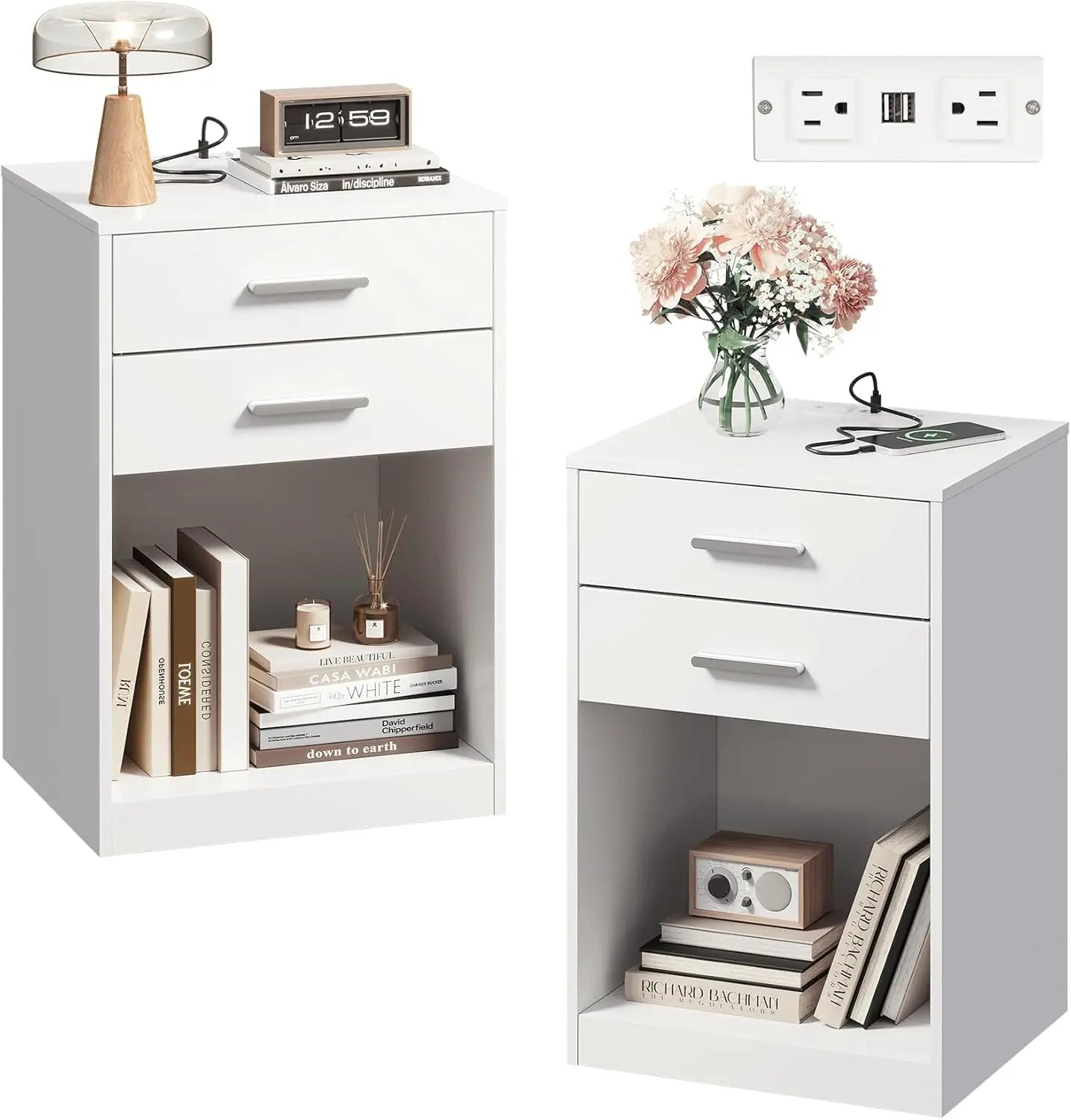 Nightstand Set Of 2 With Charging Station Two Drawers
