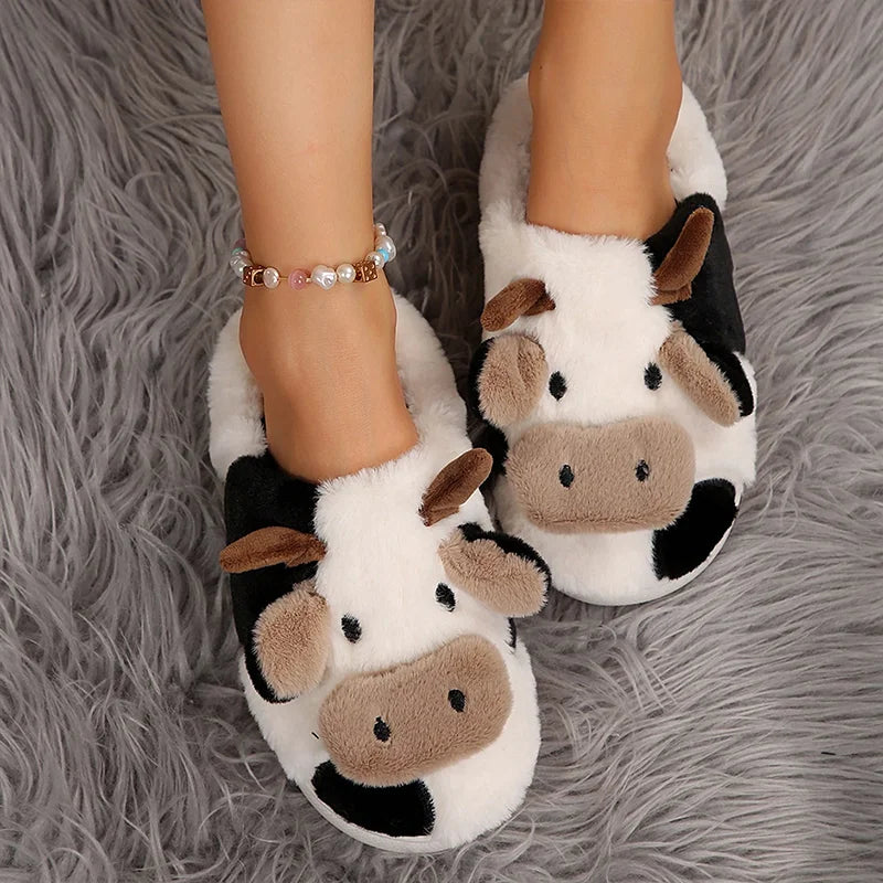 Ladies Winter Slippers Cute Cartoon Heart Animal Cow Fur Warm Anti Slip Indoor