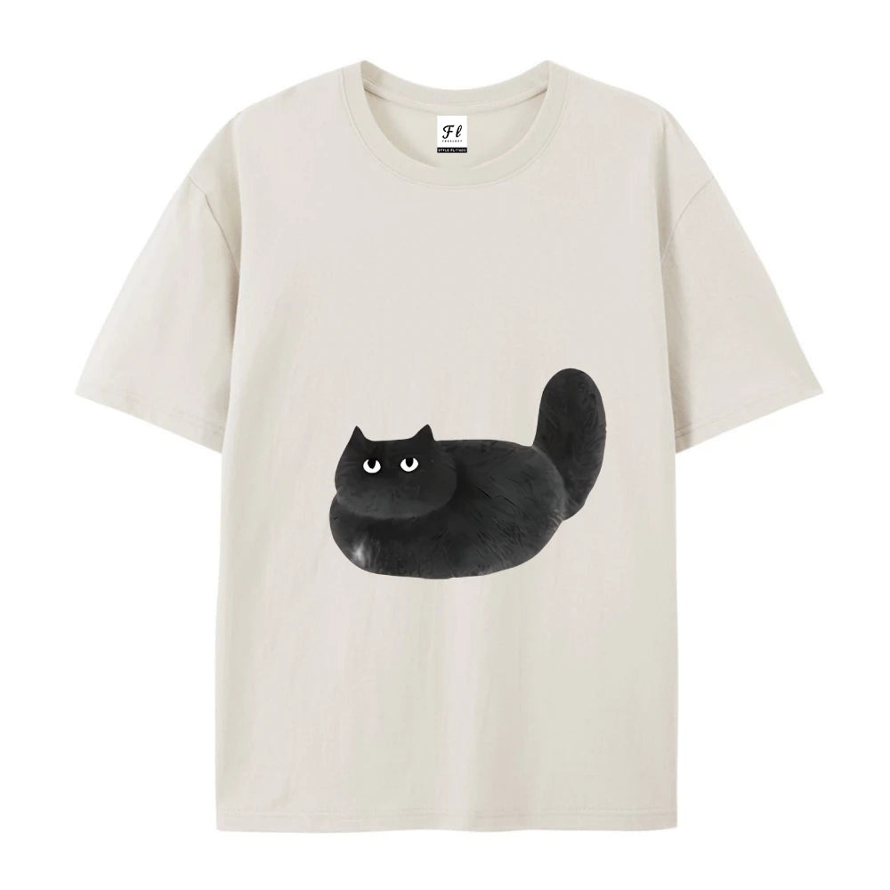 Womens Casual Black Cat Cartoon Print Short Sleeve TShirt Durable Machine Washable